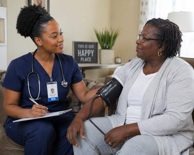 Nurse checking blood pressure at home